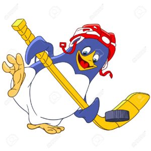 cute happy and sportive cartoon penguin - hockey player with a hockey-stick and protective helmet is trying to score a goal, isolated on a white background